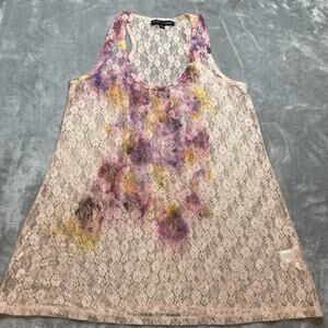 Circles and Cycles Lace Tank Top Womens L Peach Pink Floral Moody Sheer Romantic